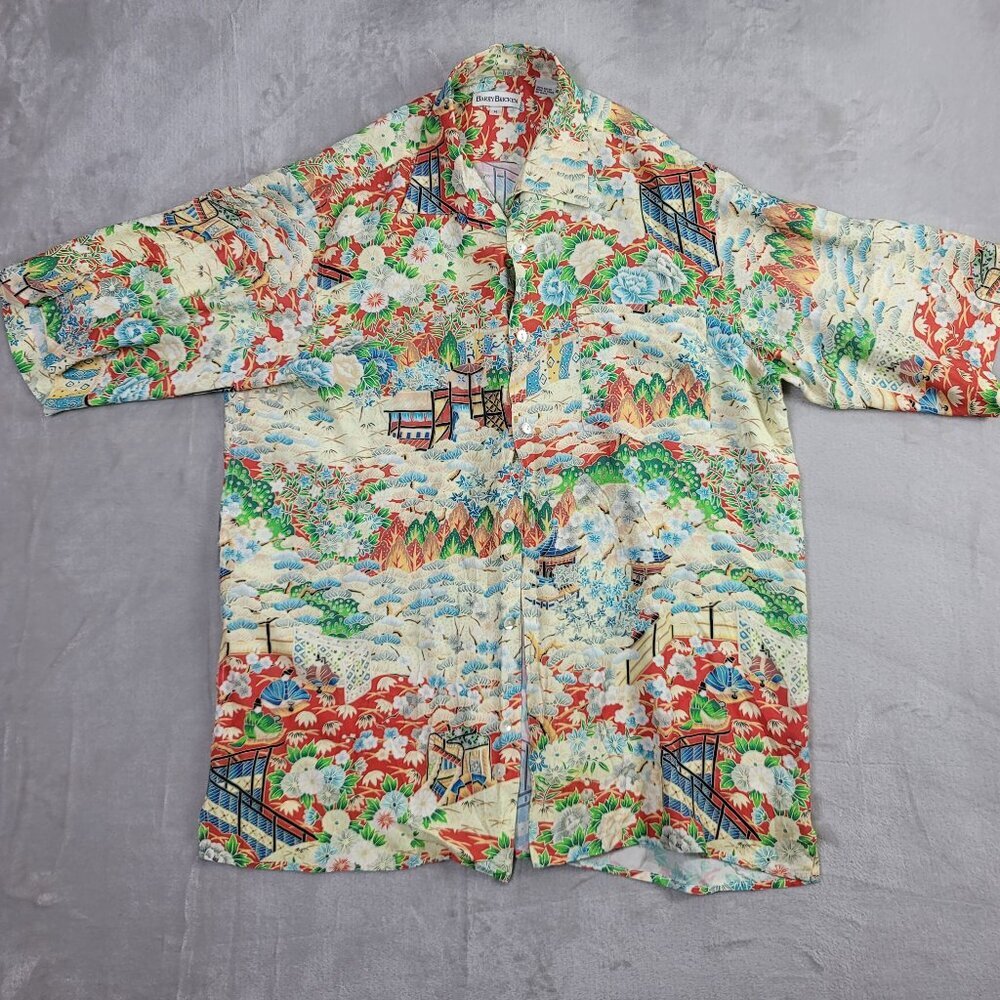 Barry Bricken Vintage Hawaiian Cream & Red Asian Floral Unisex Shirt M | Size M